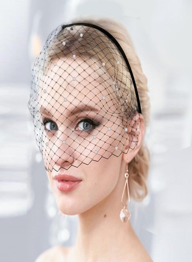 AEDOVE Black Mesh Veil Fascinator Headband 1920s Headpiece for Women, Black Funeral Veil with Rhinestones, for Tea Party Church Cocktail Birthdays for Girls Women Costume Accessories - Image 2